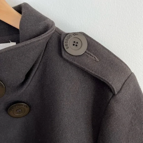 Sessùn New Haven Wool Long Brown Double Breasted Pea Coat - Picture 4 of 13